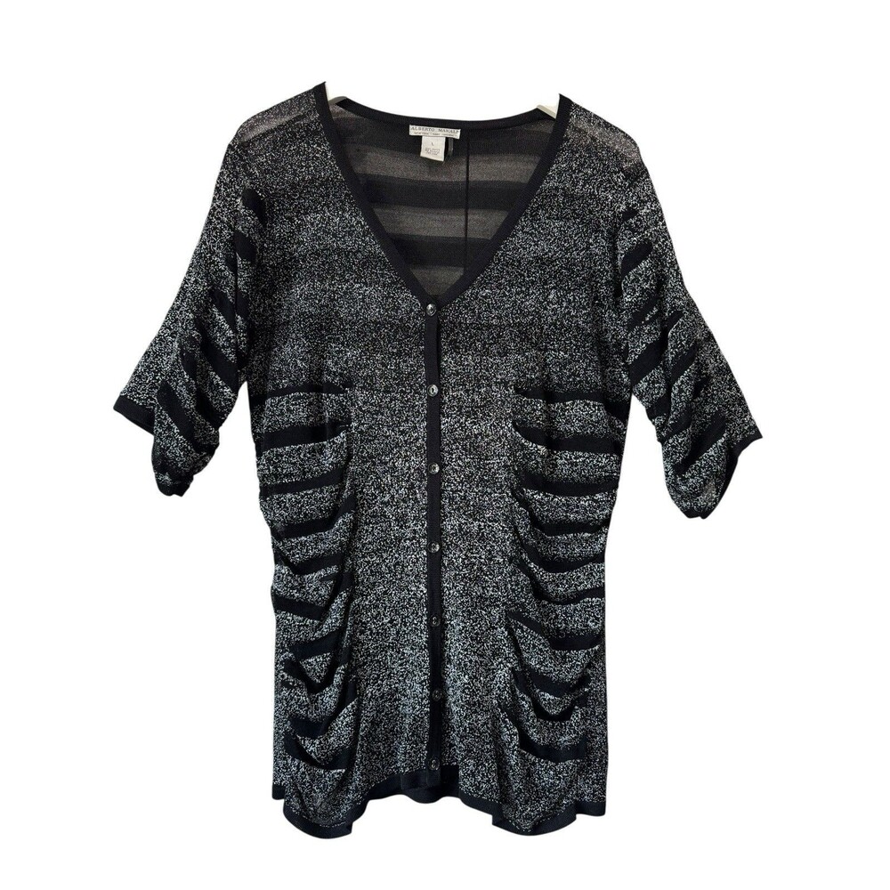 Alberto Makali Semi Sheer Black Metallic Button Top Ruching Large Y2K Sexy EUC